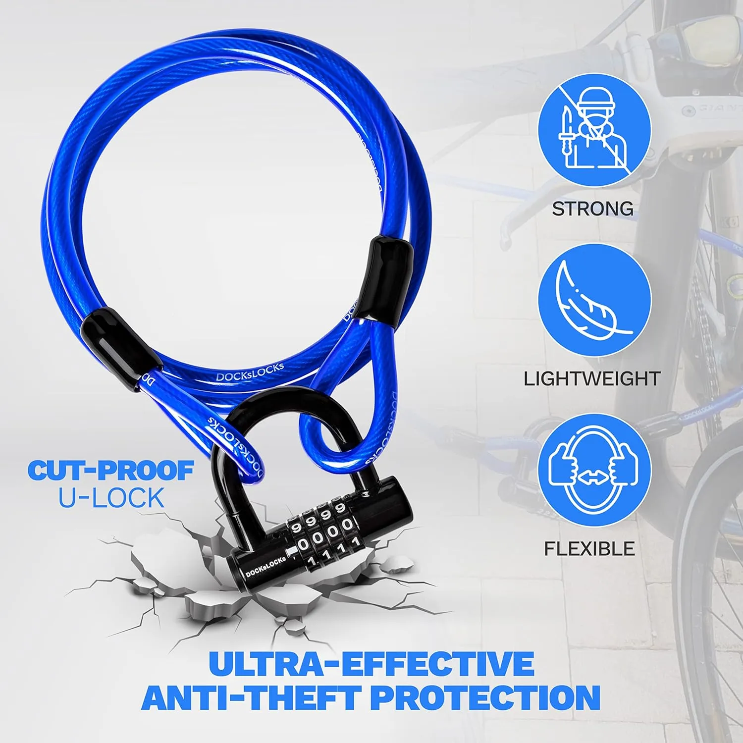 Security Cable Lock Set (5' to 25') Looped Ends, Weatherproof, Keyless Compact U-Lock with Combination, Anti-Theft for Bikes Equipment 10ft