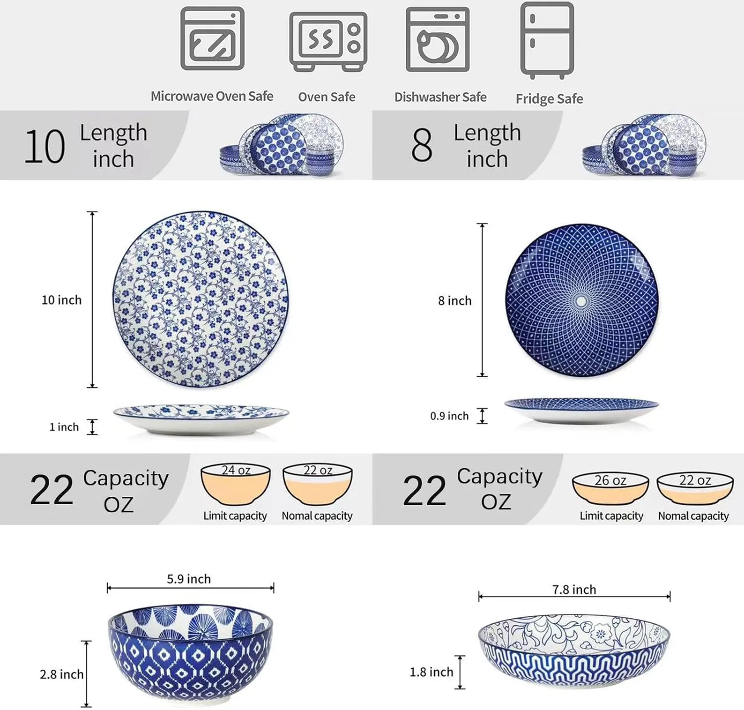 Selamica Ceramic 16-Pieces Dinnerware Set, Ceramic Dishes Set for 4, Kitchen Plates and Bowls Sets, Dinner Plates Set for Salad Dessert, Cereal Bowls, Soup Plate Pasta Bowl(Vintage Blue) B