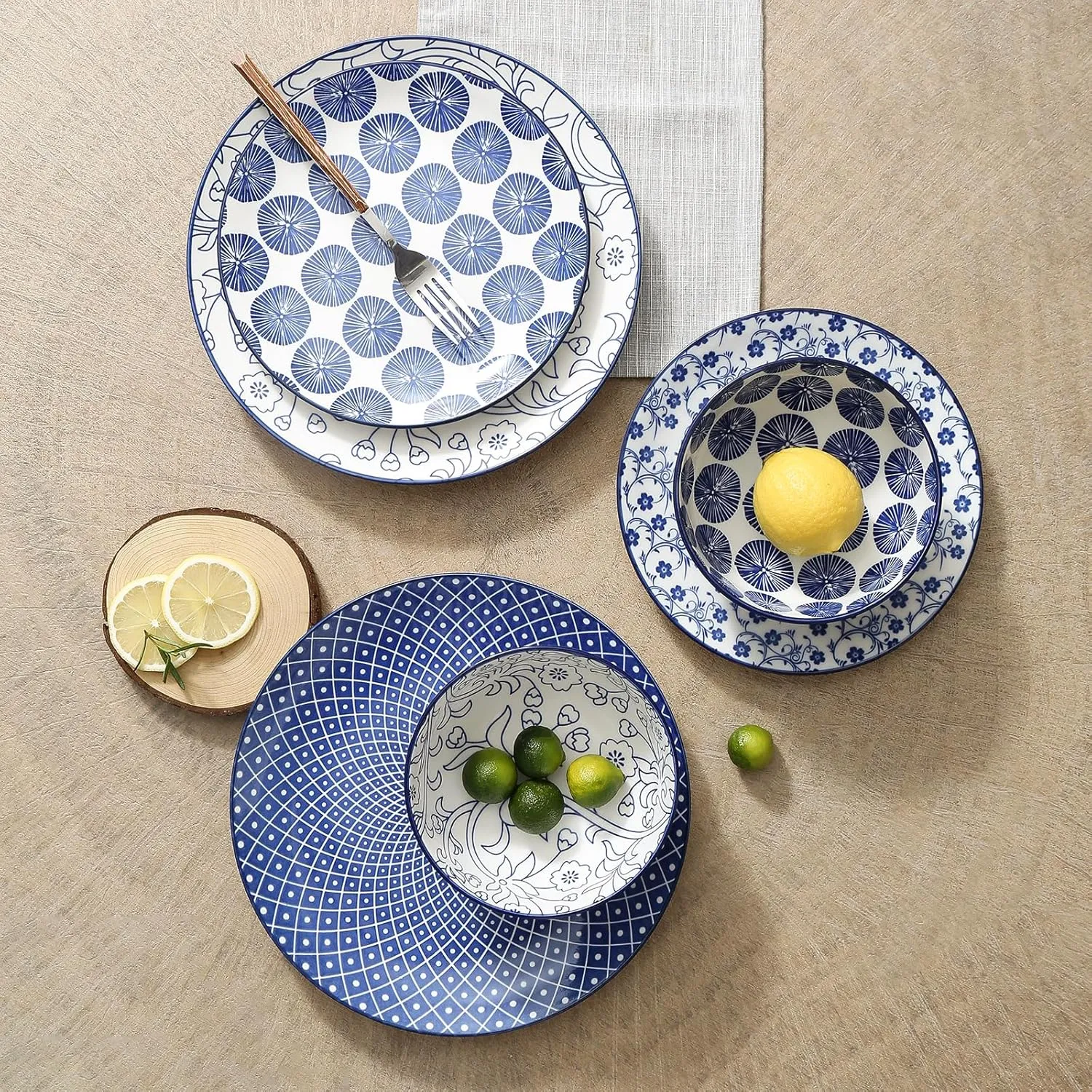 Selamica Ceramic 16-Pieces Dinnerware Set, Ceramic Dishes Set for 4, Kitchen Plates and Bowls Sets, Dinner Plates Set for Salad Dessert, Cereal Bowls, Soup Plate Pasta Bowl(Vintage Blue) B