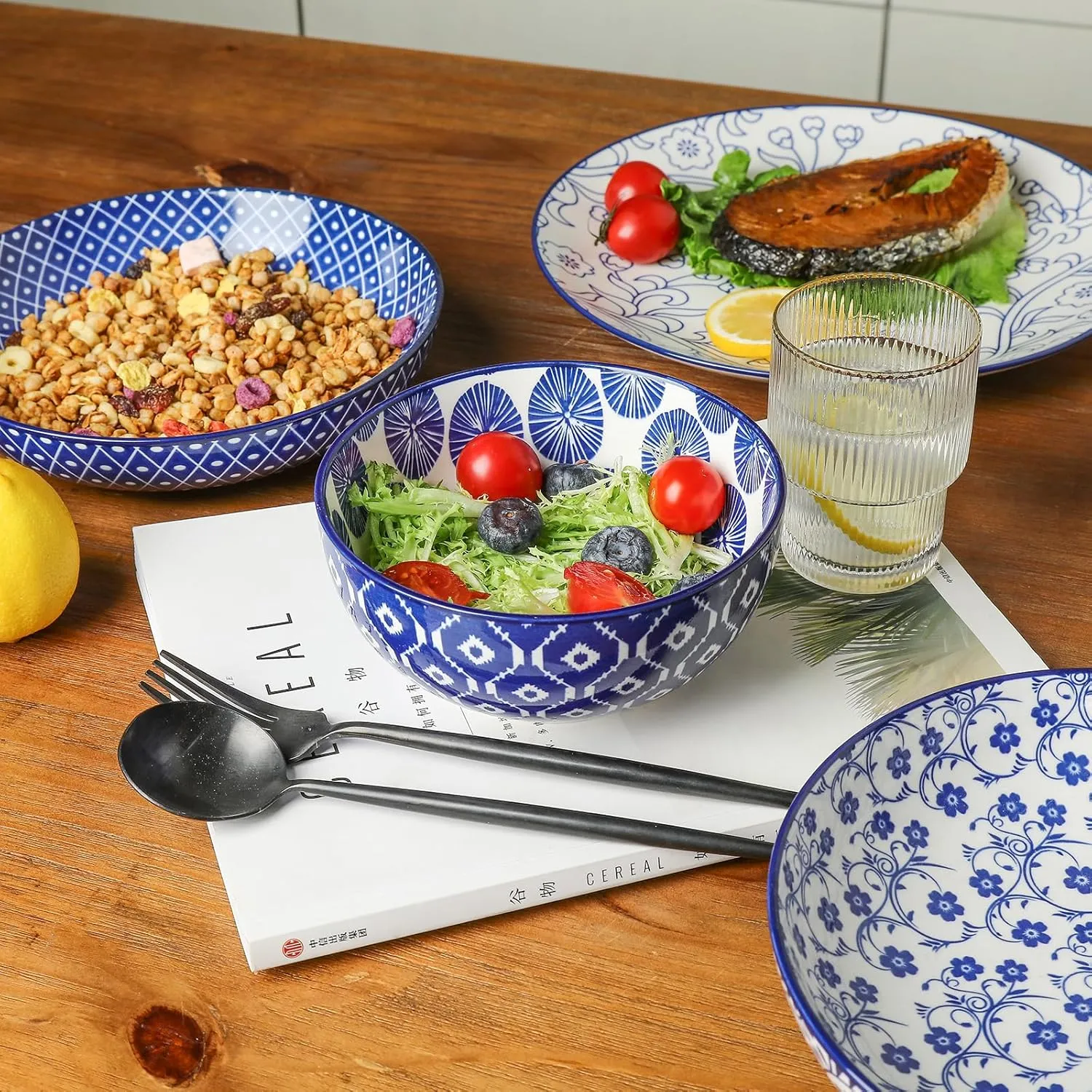 Selamica Ceramic 16-Pieces Dinnerware Set, Ceramic Dishes Set for 4, Kitchen Plates and Bowls Sets, Dinner Plates Set for Salad Dessert, Cereal Bowls, Soup Plate Pasta Bowl(Vintage Blue) B