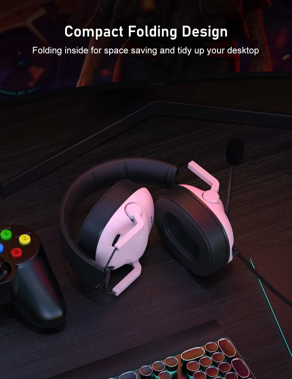 SENZER SG500 Surround Sound Pro Gaming Headset with Noise Cancelling Microphone - Soft Memory Foam Padding - Portable Foldable Headphones for PC, PS4, PS5, Xbox One, Switch - Pink