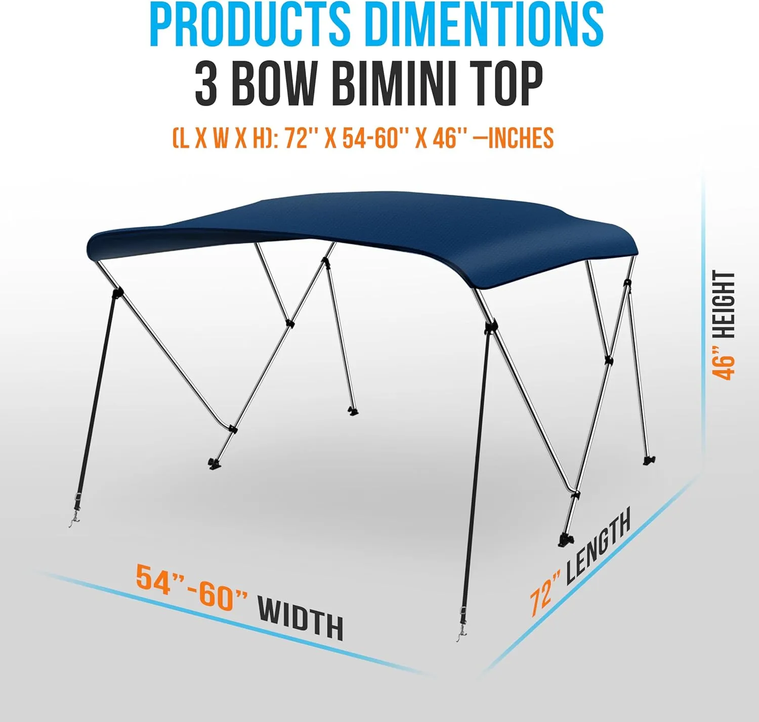SereneLife 3 Bow Bimini Top Boat Cover – 72"L x 54-60" W x 46" H, Aluminum Frame, Waterproof & UV-Resistant, Front Straps, Rear Arms & Free Storage Boot (Navy Blue)