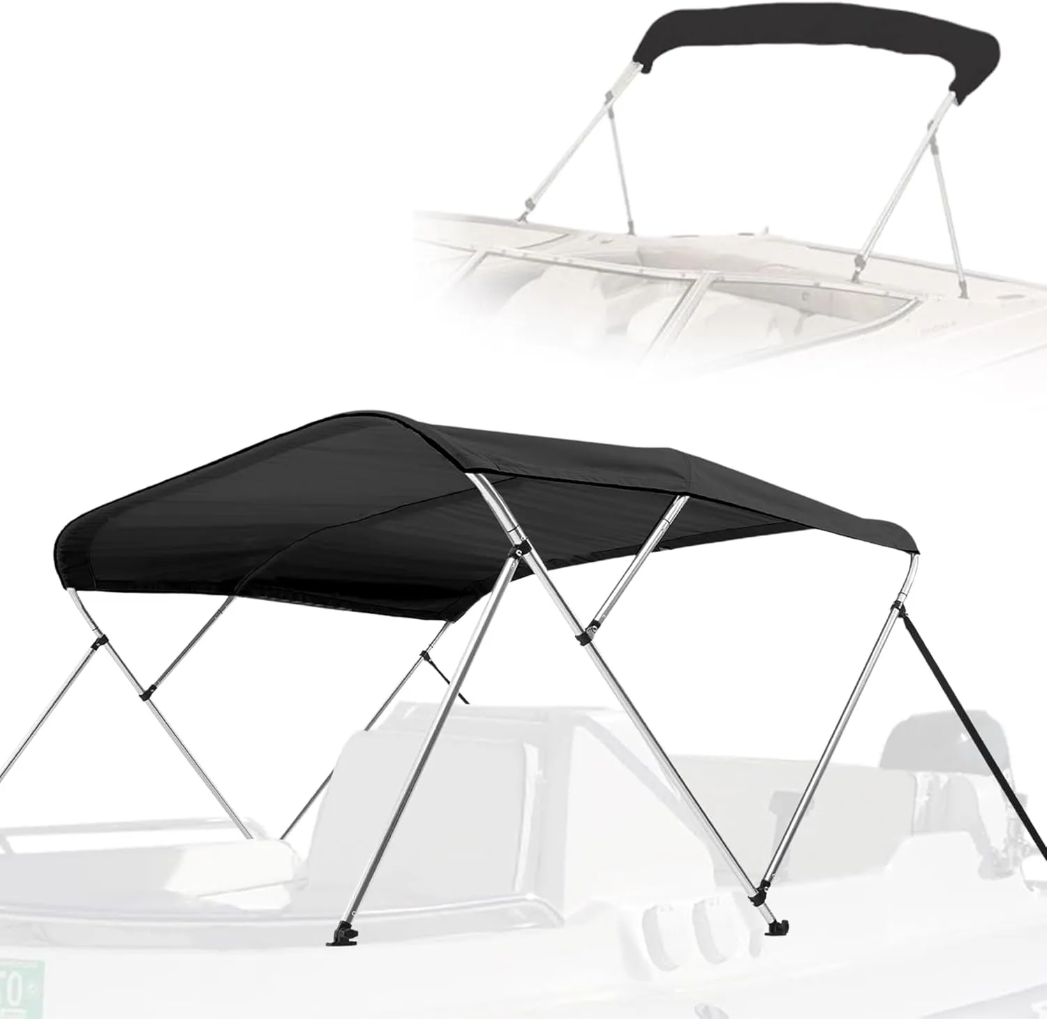 SereneLife Waterproof Boat Bimini Top Cover - 54-60" W 3 Bow Bimini Top Sun Shade Boat Canopy - 1" Double Wall Aluminum Frame Tubes, 2 Front Straps, 2 Rear Support Poles, Storage Boot SLBTW60G