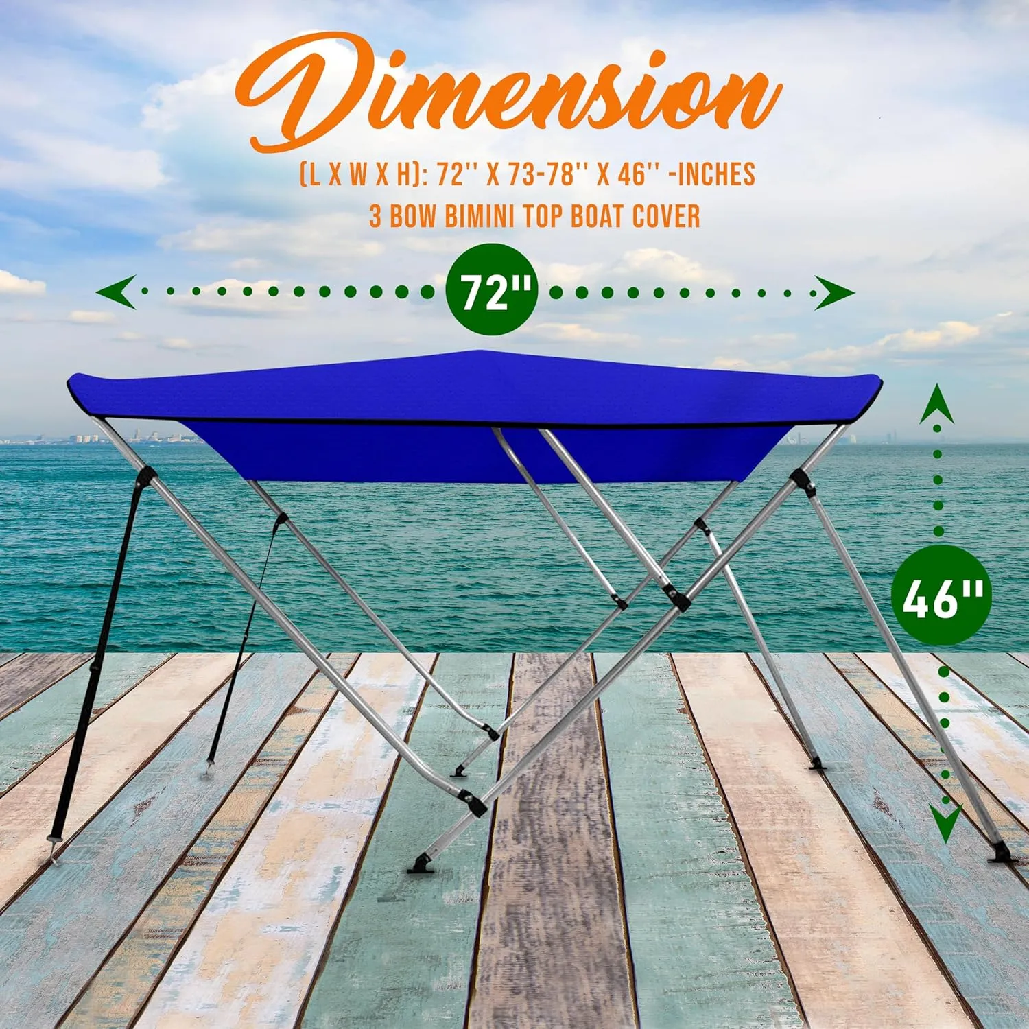 SereneLifeHome Waterproof Boat Bimini Top Cover - 54-60" W 3 Bow Bimini Top Canvas Sun Shade 1" Double Wall Alu Frame Tube, 2 Straps 2 Rear Support Poles, Storage Boot -SLBT3RB544.5 (Royal Blue)