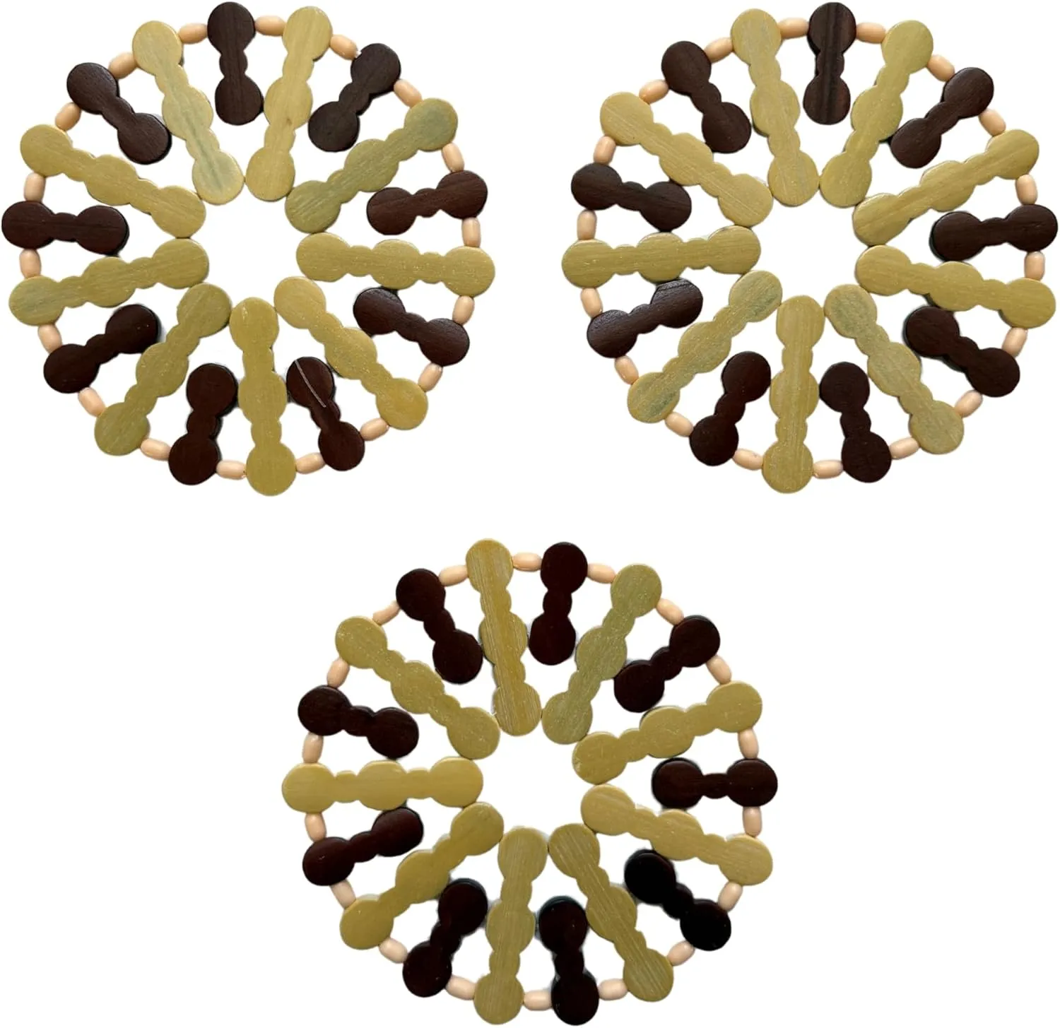 Set of 3 Round Bamboo Trivet Mats Heat-Resistant Pads for Kitchen Counter & Table Protection – Coasters for Hot Dishes, Pots, Pans, Teapots & Plates - Red-Brown and Light Bamboo, D6.5