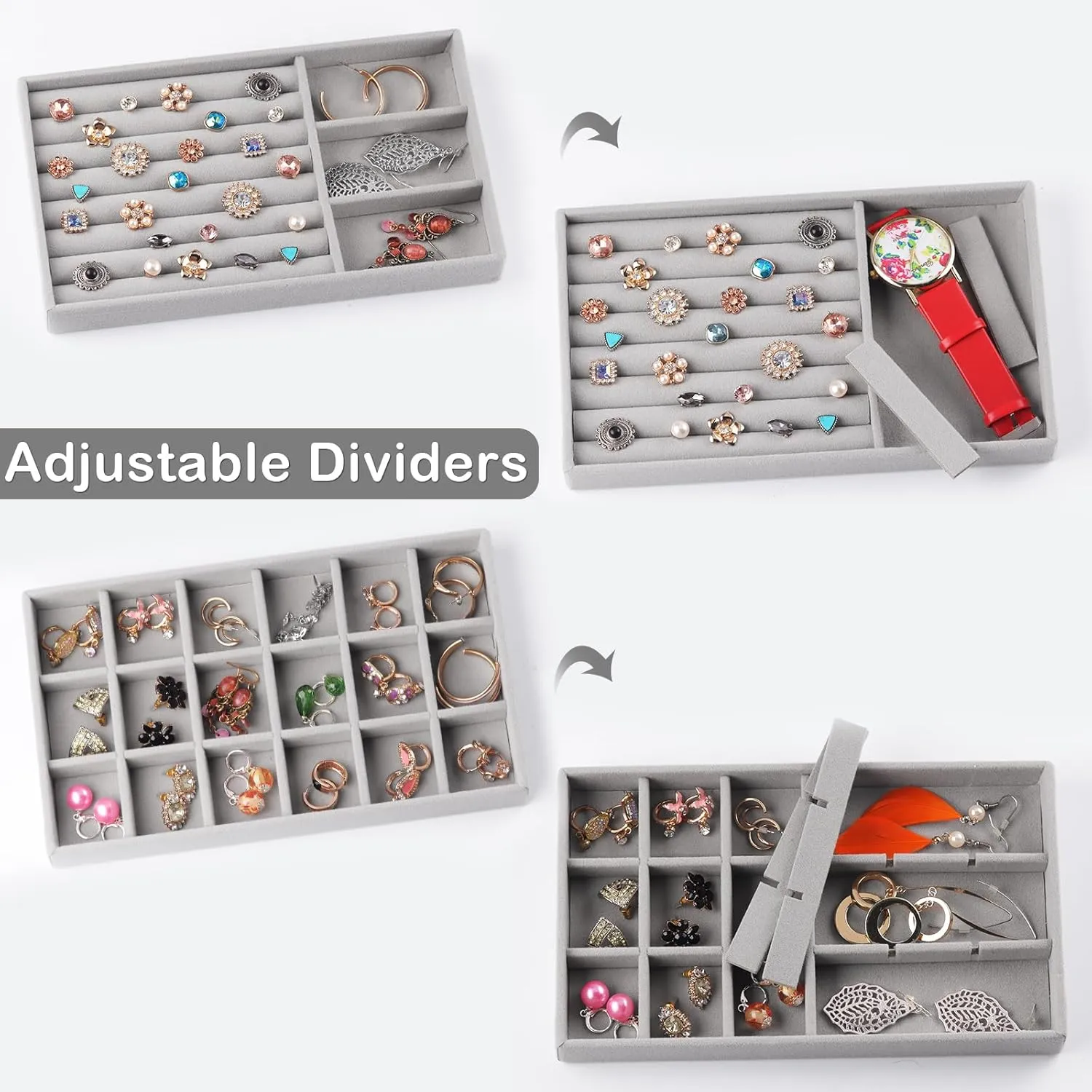 Set of 8 Stackable Jewelry Organizer Stackable Trays for Drawers,Jewelry Drawer Inserts Container Display Case Storage for Earring Necklace Rings Bracelet with Removable Dividers-Grey