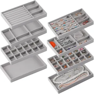 Set of 8 Stackable Jewelry Organizer Stackable Trays for Drawers,Jewelry Drawer Inserts Container Display Case Storage for Earring Necklace Rings Bracelet with Removable Dividers-Grey
