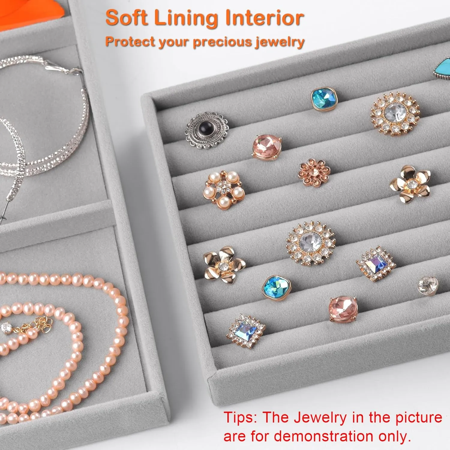 Set of 8 Stackable Jewelry Organizer Stackable Trays for Drawers,Jewelry Drawer Inserts Container Display Case Storage for Earring Necklace Rings Bracelet with Removable Dividers-Grey
