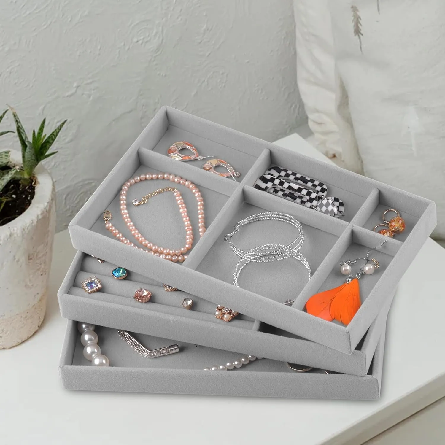 Set of 8 Stackable Jewelry Organizer Stackable Trays for Drawers,Jewelry Drawer Inserts Container Display Case Storage for Earring Necklace Rings Bracelet with Removable Dividers-Grey