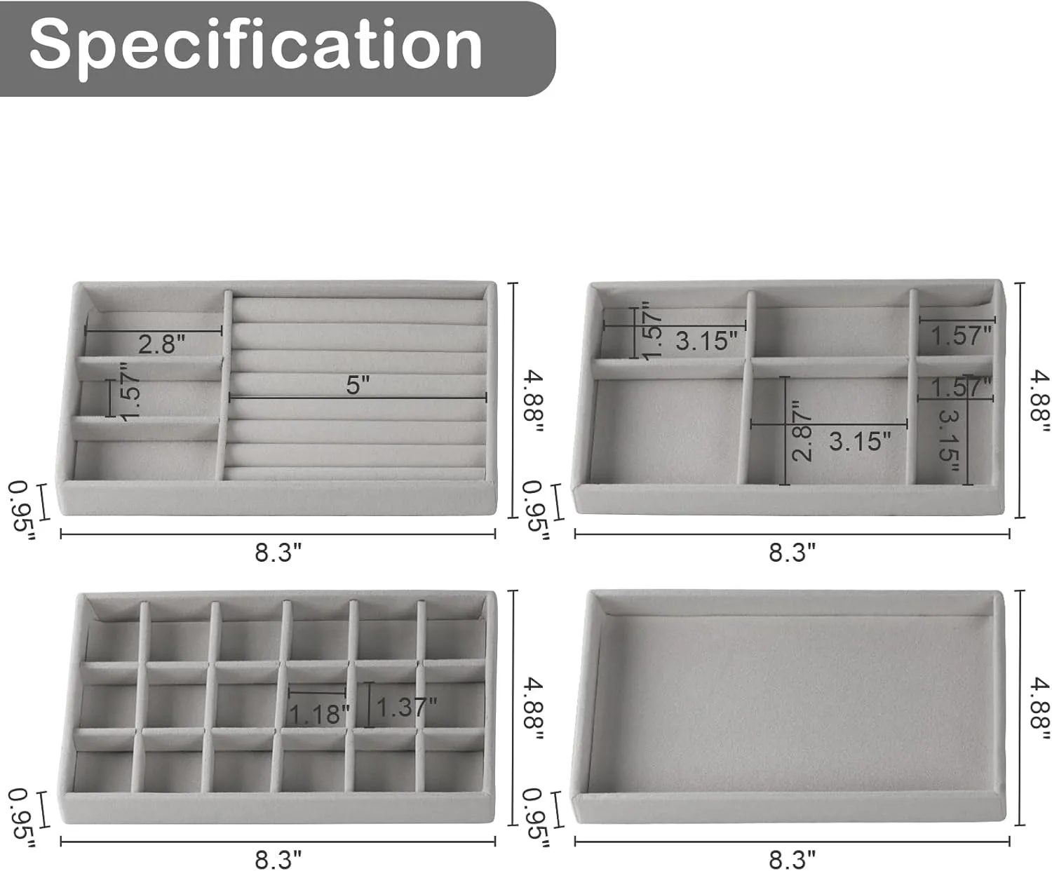 Set of 8 Stackable Jewelry Organizer Stackable Trays for Drawers,Jewelry Drawer Inserts Container Display Case Storage for Earring Necklace Rings Bracelet with Removable Dividers-Grey