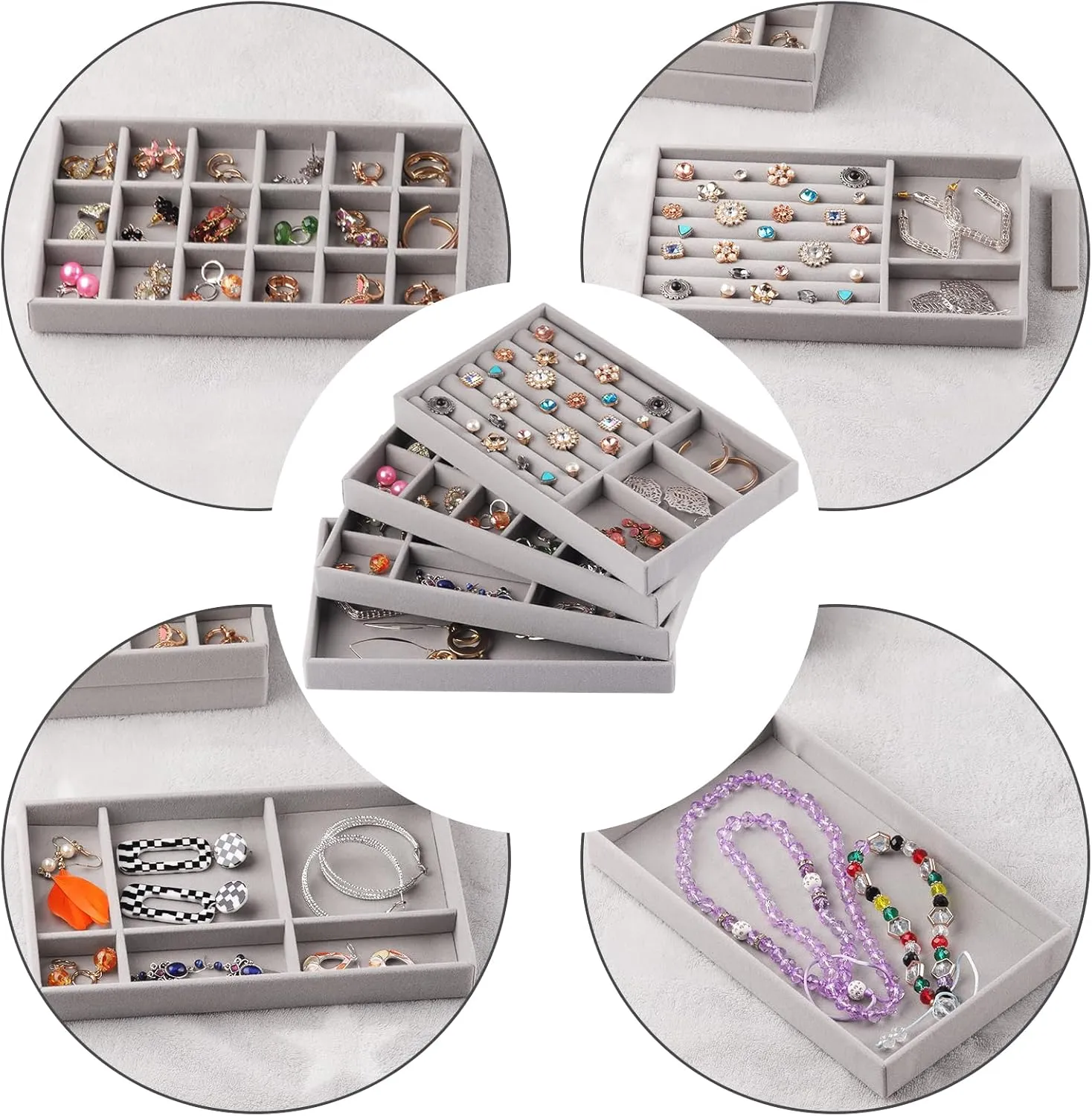 Set of 8 Stackable Jewelry Organizer Stackable Trays for Drawers,Jewelry Drawer Inserts Container Display Case Storage for Earring Necklace Rings Bracelet with Removable Dividers-Grey