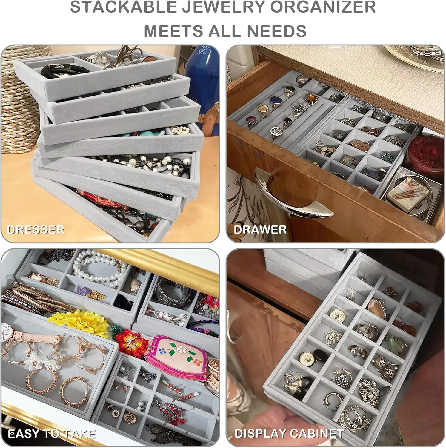Set of 8 Stackable Jewelry Organizer Stackable Trays for Drawers,Jewelry Drawer Inserts Container Display Case Storage for Earring Necklace Rings Bracelet with Removable Dividers-Grey