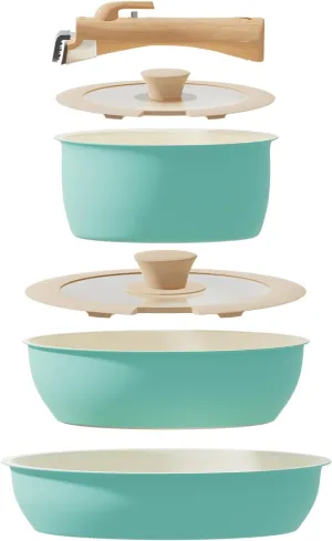 ShanSon 6 Pieces Kitchen Non-Stick Cookware Sets with Removable Handle, Stackable Pots and Pans Set Nonstick for Induction Gas RVs Camping Space Saving，Green