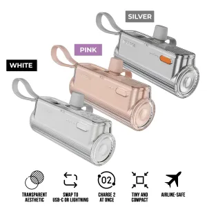 Sharge Flow Mini Power Bank 5000mAh with Built-in USB-C Cable & USB-C to USB-C   USB-C to Lightning Connector (Silver Grey, Pink, White) (SP012)