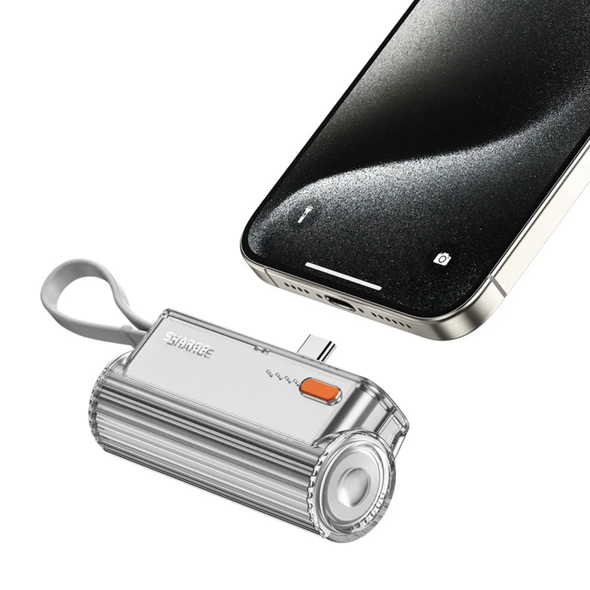 Sharge Flow Mini Power Bank 5000mAh with Built-in USB-C Cable & USB-C to USB-C   USB-C to Lightning Connector (Silver Grey, Pink, White) (SP012)