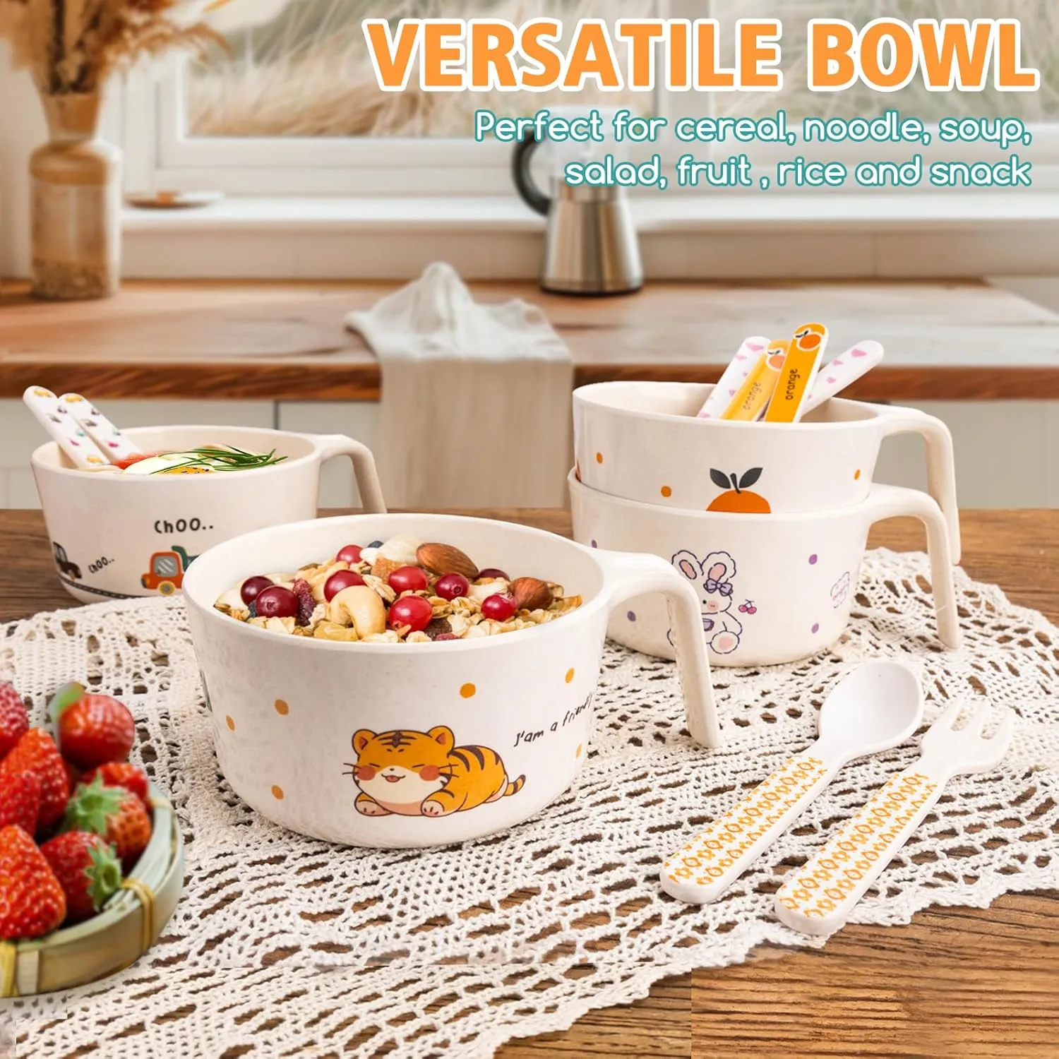 shopwithgreen Bamboo Kids Bowls Set, 4 Reusable Small Bowls for Baby Toddlers, Dinnerware Cereal Snack Soup Rice Bowl with 4 Spoons & Forks, Dishwasher Safe Bamboo Baby Food Bowls, BPA Free, 14.5 OZ
