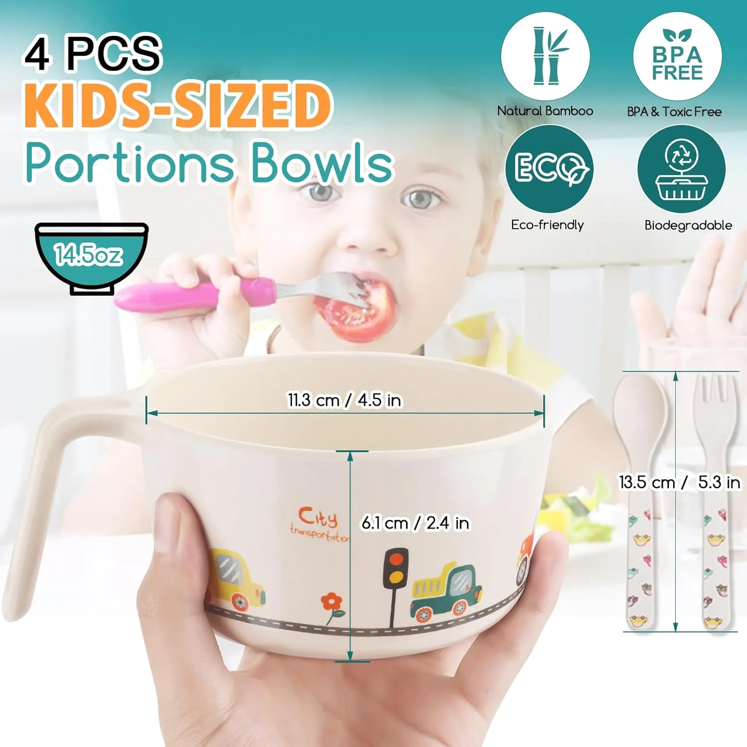 shopwithgreen Bamboo Kids Bowls Set, 4 Reusable Small Bowls for Baby Toddlers, Dinnerware Cereal Snack Soup Rice Bowl with 4 Spoons & Forks, Dishwasher Safe Bamboo Baby Food Bowls, BPA Free, 14.5 OZ