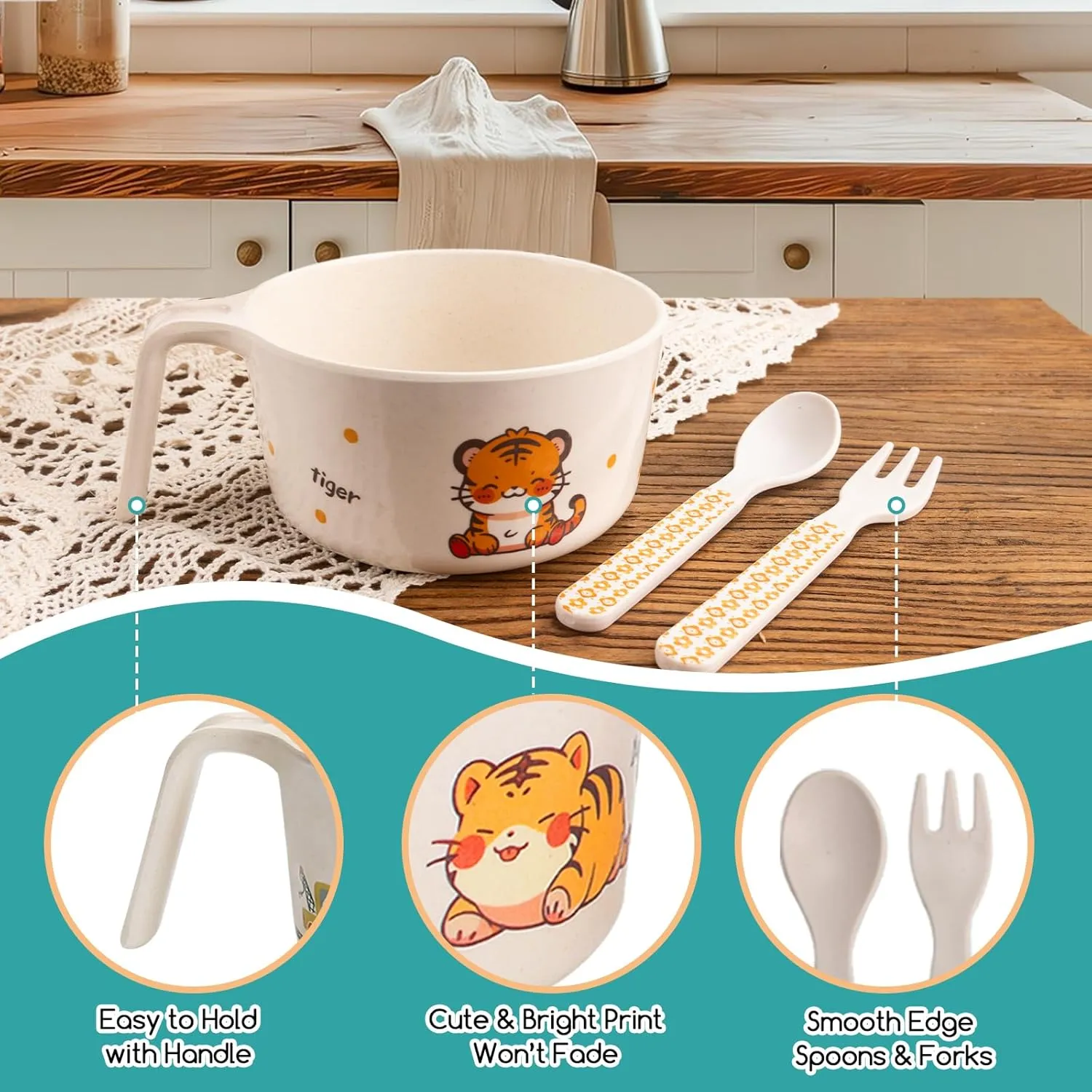 shopwithgreen Bamboo Kids Bowls Set, 4 Reusable Small Bowls for Baby Toddlers, Dinnerware Cereal Snack Soup Rice Bowl with 4 Spoons & Forks, Dishwasher Safe Bamboo Baby Food Bowls, BPA Free, 14.5 OZ