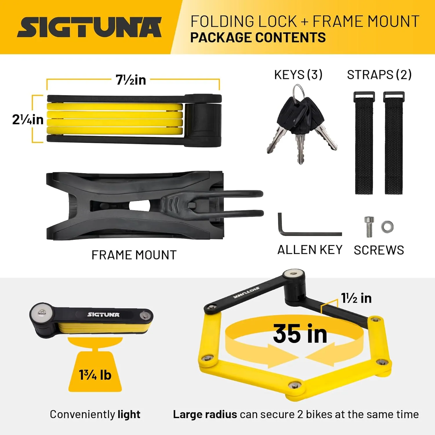 SIGTUNA Folding Bike Lock - Hardened Steel 8mm Fold-Up Heavy Duty Bike Lock with Easy Mounting, Secure Lock and Anti-Scratch Coating - Easily Keep Bike Secure and Paintwork Undamaged - Bicycle Lock