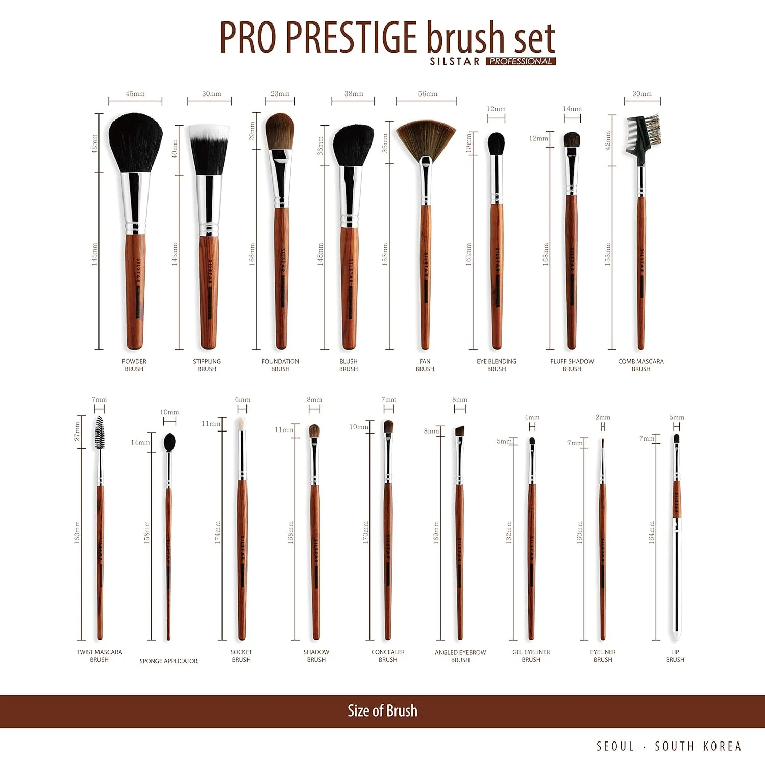 SILSTAR PROFESSIONAL PRO PRESTIGE BRUSH SET 17 PCS BRUSHES WITH ROLL UP LEATHER CASE/POWDER BRUSH, EYESHADOW BRUSH, FOUNDATION BRUSH, BROW BRUSH, LIP BRUSH/COMPACT BRUSH SET