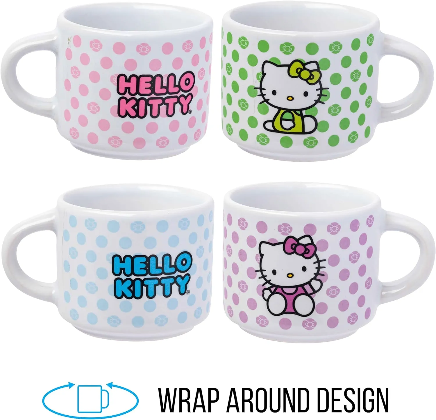 Silver Buffalo Sanrio Hello Kitty Polka Dots 4pc Stackable Ceramic Espresso Small Cup Set, 3 Ounces