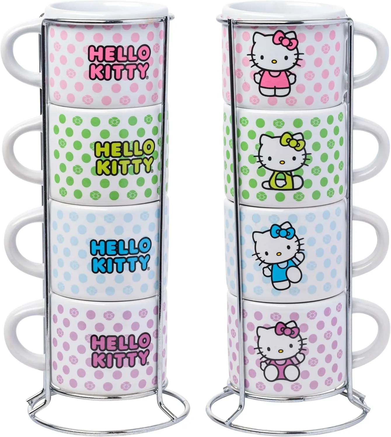 Silver Buffalo Sanrio Hello Kitty Polka Dots 4pc Stackable Ceramic Espresso Small Cup Set, 3 Ounces