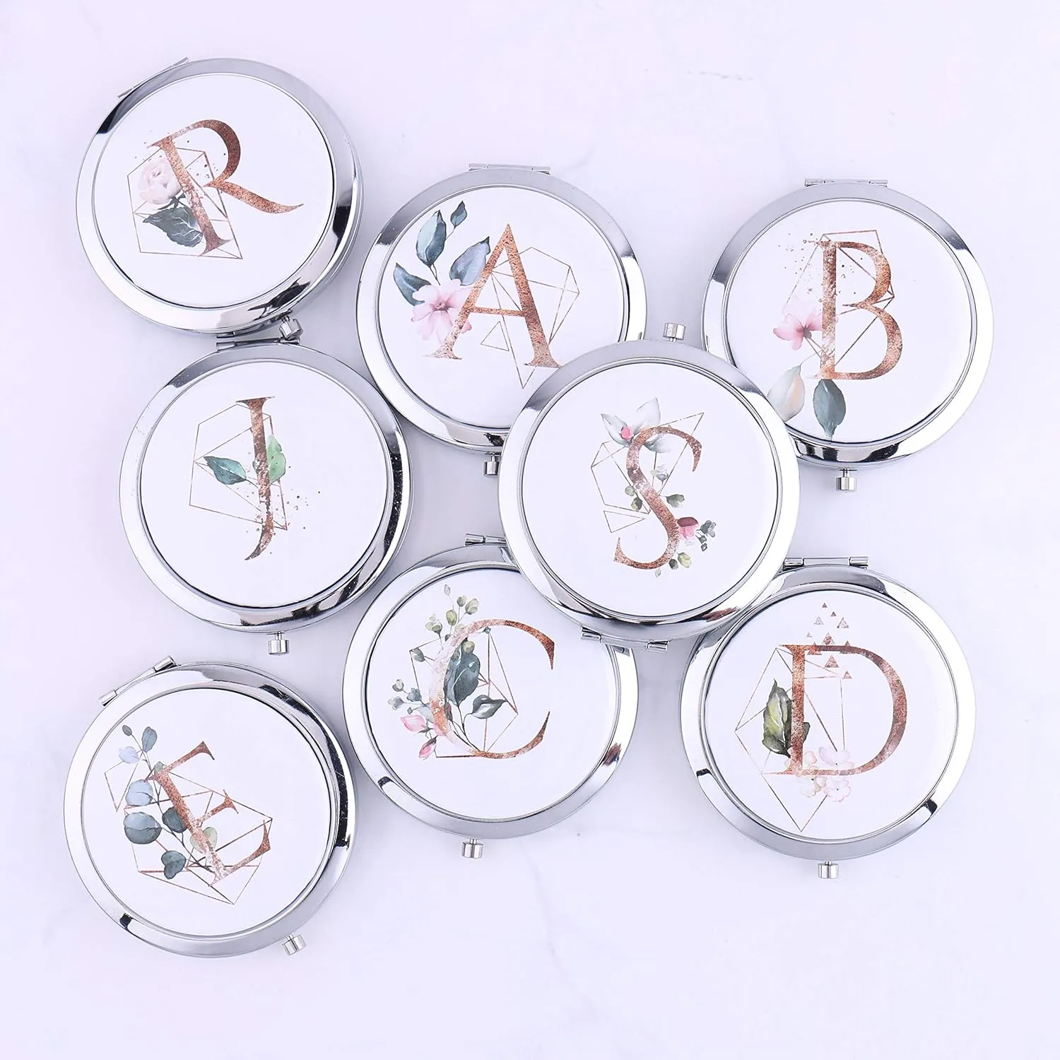 Silver Bulk Alphabet Compact Mirrors Your Initial Monogram Bridesmaid Proposal Bachelorette Gifts, Set of 5 6 8 10