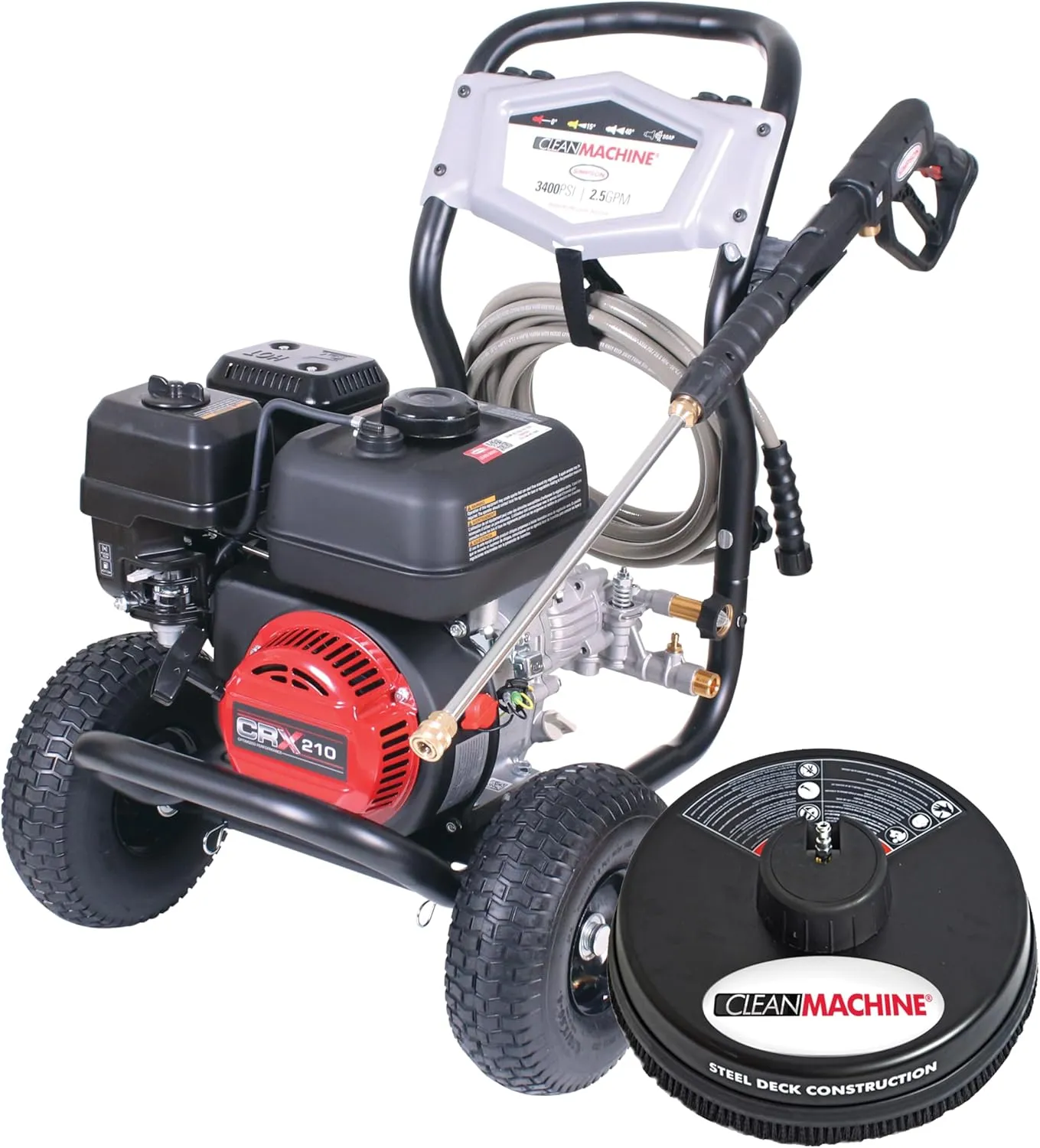 Simpson Cleaning CM61248-S Clean Machine 3400 PSI Gas Pressure Washer, 2.5 GPM, CRX Engine, Includes 15-Inch Surface Cleaner, Spray Gun and Wand, 4 QC Nozzle Tips, 5/16-in. x 25-ft. Hose, 49-State