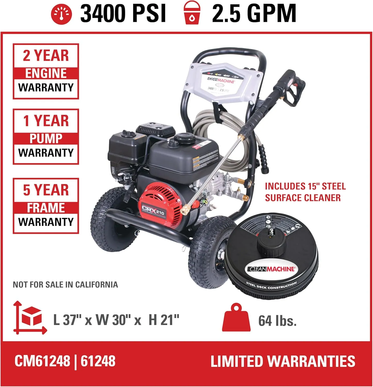 Simpson Cleaning CM61248-S Clean Machine 3400 PSI Gas Pressure Washer, 2.5 GPM, CRX Engine, Includes 15-Inch Surface Cleaner, Spray Gun and Wand, 4 QC Nozzle Tips, 5/16-in. x 25-ft. Hose, 49-State