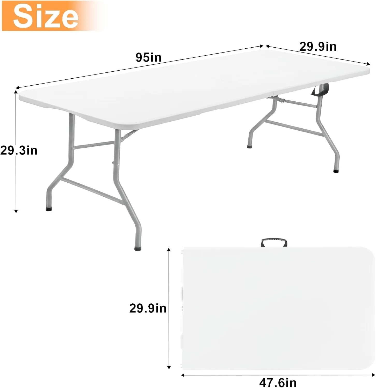 SKOK 330lbs Folding Picnic Table 8 Foot, 8FT Long Plastic Picnic Table Portable with Carry Handle, White Tailgating Utility Commercial Craft Table with Heavy Duty Frame for Party & Events