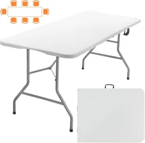 SKOK 330lbs Folding Picnic Table 8 Foot, 8FT Long Plastic Picnic Table Portable with Carry Handle, White Tailgating Utility Commercial Craft Table with Heavy Duty Frame for Party & Events