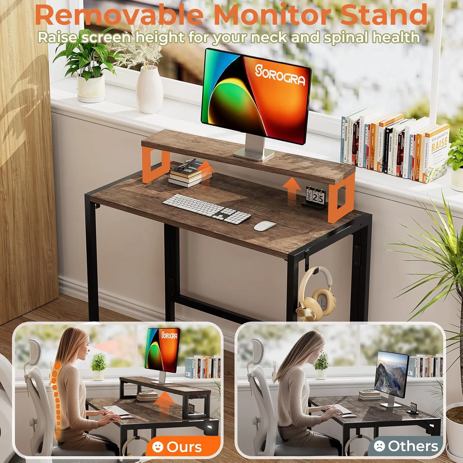 Small Folding Desk 31.5 Inch, Foldable Computer Desks with LED Lights and Monitor Stand, Work Portable Table for Bedroom Home Office, Brown