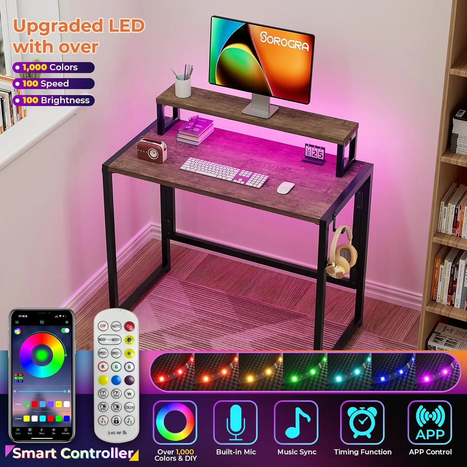 Small Folding Desk 31.5 Inch, Foldable Computer Desks with LED Lights and Monitor Stand, Work Portable Table for Bedroom Home Office, Brown