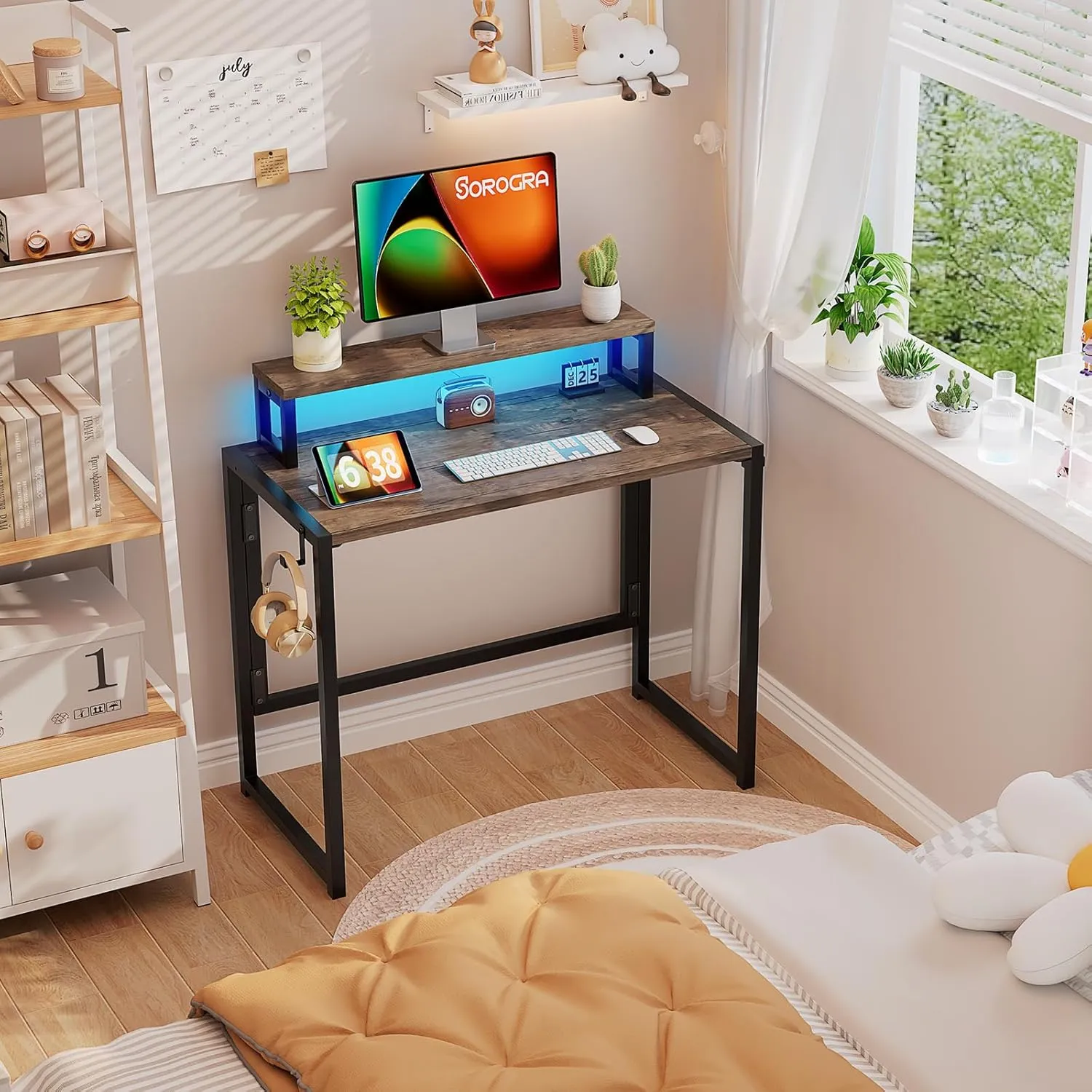 Small Folding Desk 31.5 Inch, Foldable Computer Desks with LED Lights and Monitor Stand, Work Portable Table for Bedroom Home Office, Brown