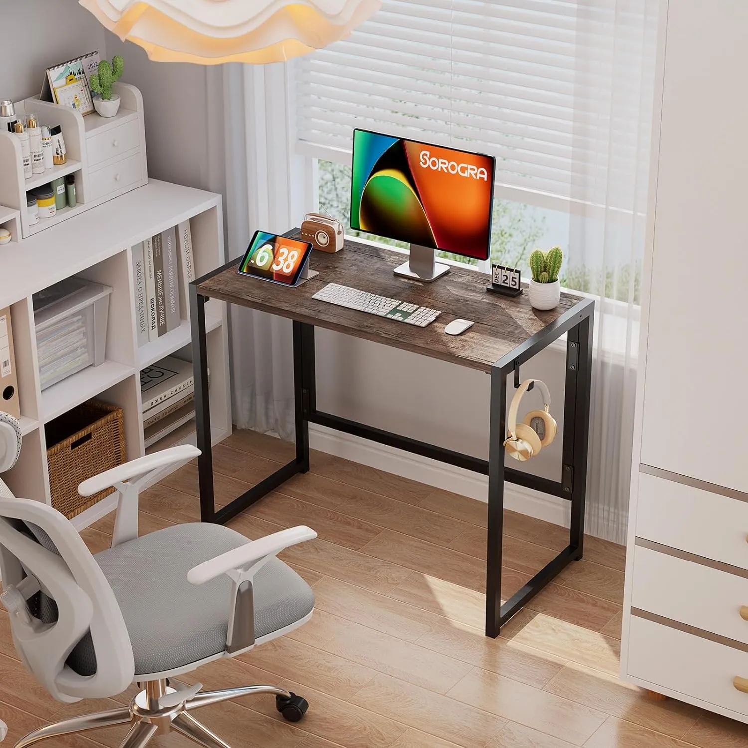 Small Folding Desk 31.5 Inch, Foldable Computer Desks with LED Lights and Monitor Stand, Work Portable Table for Bedroom Home Office, Brown