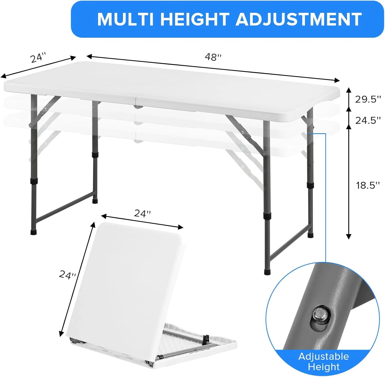 Small Folding Tables 4 Foot, Portable Plastic Fold-in-Half Card Tables, Adjustable Height Picnic Foldable Tables, White