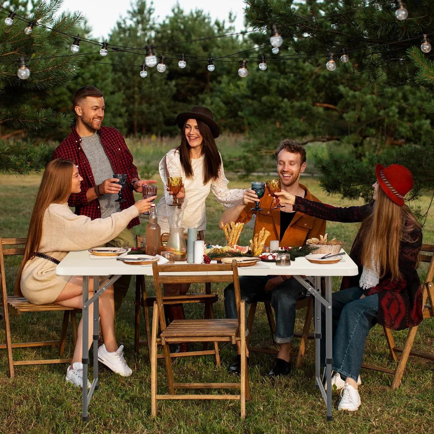 Small Folding Tables 4 Foot, Portable Plastic Fold-in-Half Card Tables, Adjustable Height Picnic Foldable Tables, White