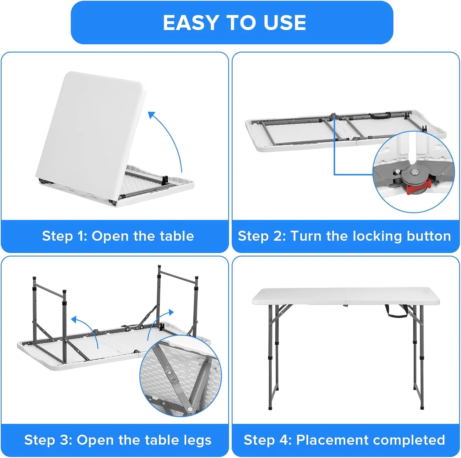 Small Folding Tables 4 Foot, Portable Plastic Fold-in-Half Card Tables, Adjustable Height Picnic Foldable Tables, White