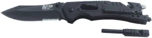 Smith & Wesson M&P 8.5in High Carbon S.S. Spring Assisted Folding Knife with 3.5in Serrated Drop Point Blade and Rubber Handle for Outdoor Survival and EDC,Tan