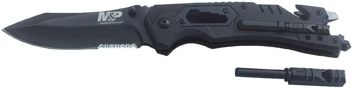 Smith & Wesson M&P 8.5in High Carbon S.S. Spring Assisted Folding Knife with 3.5in Serrated Drop Point Blade and Rubber Handle for Outdoor Survival and EDC,Tan