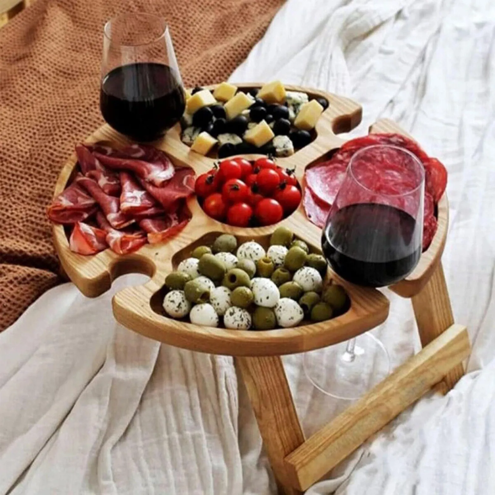Snack Fruit Serving Foldable Tray Wooden Portable Dining Table Outdoor Picnic