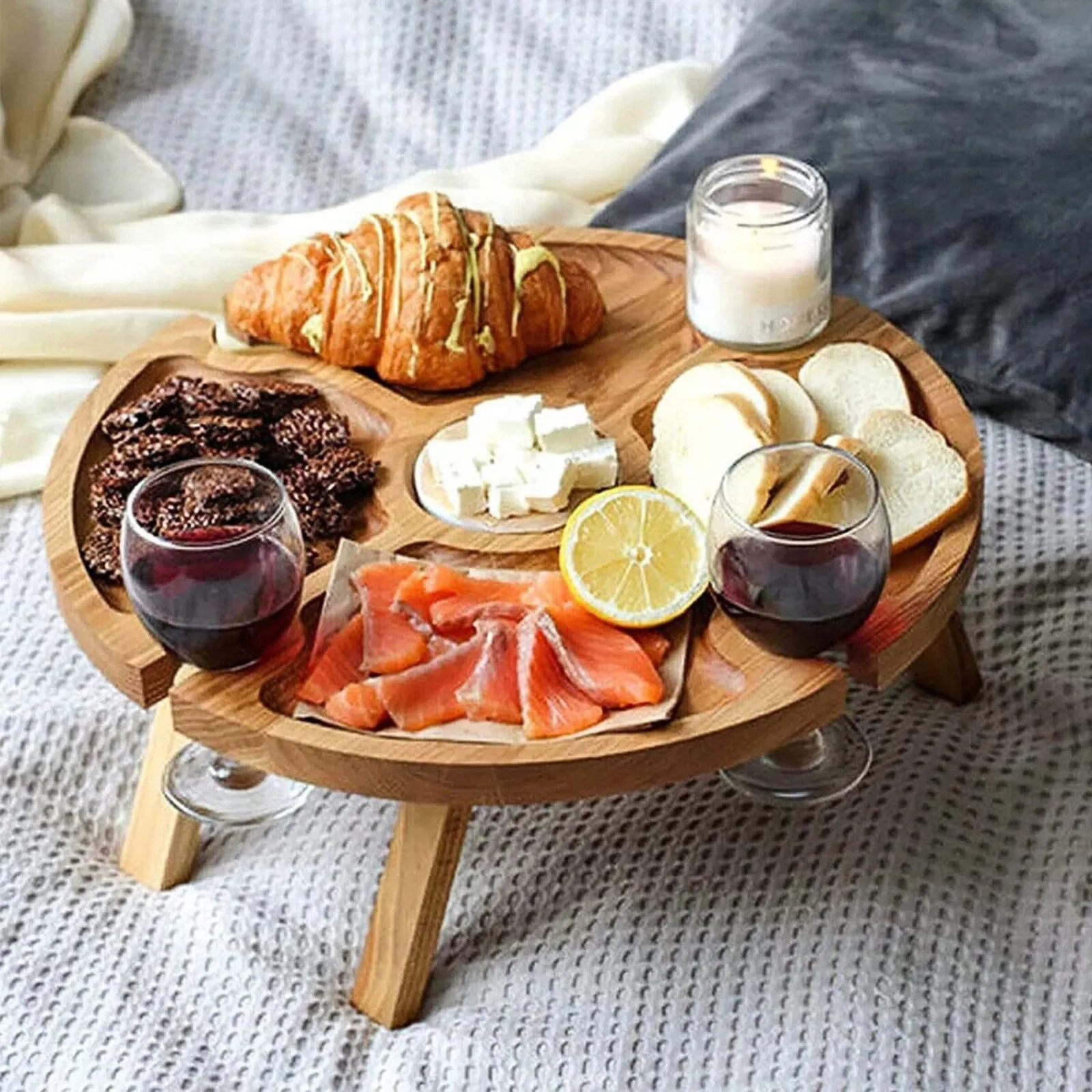 Snack Fruit Serving Foldable Tray Wooden Portable Dining Table Outdoor Picnic
