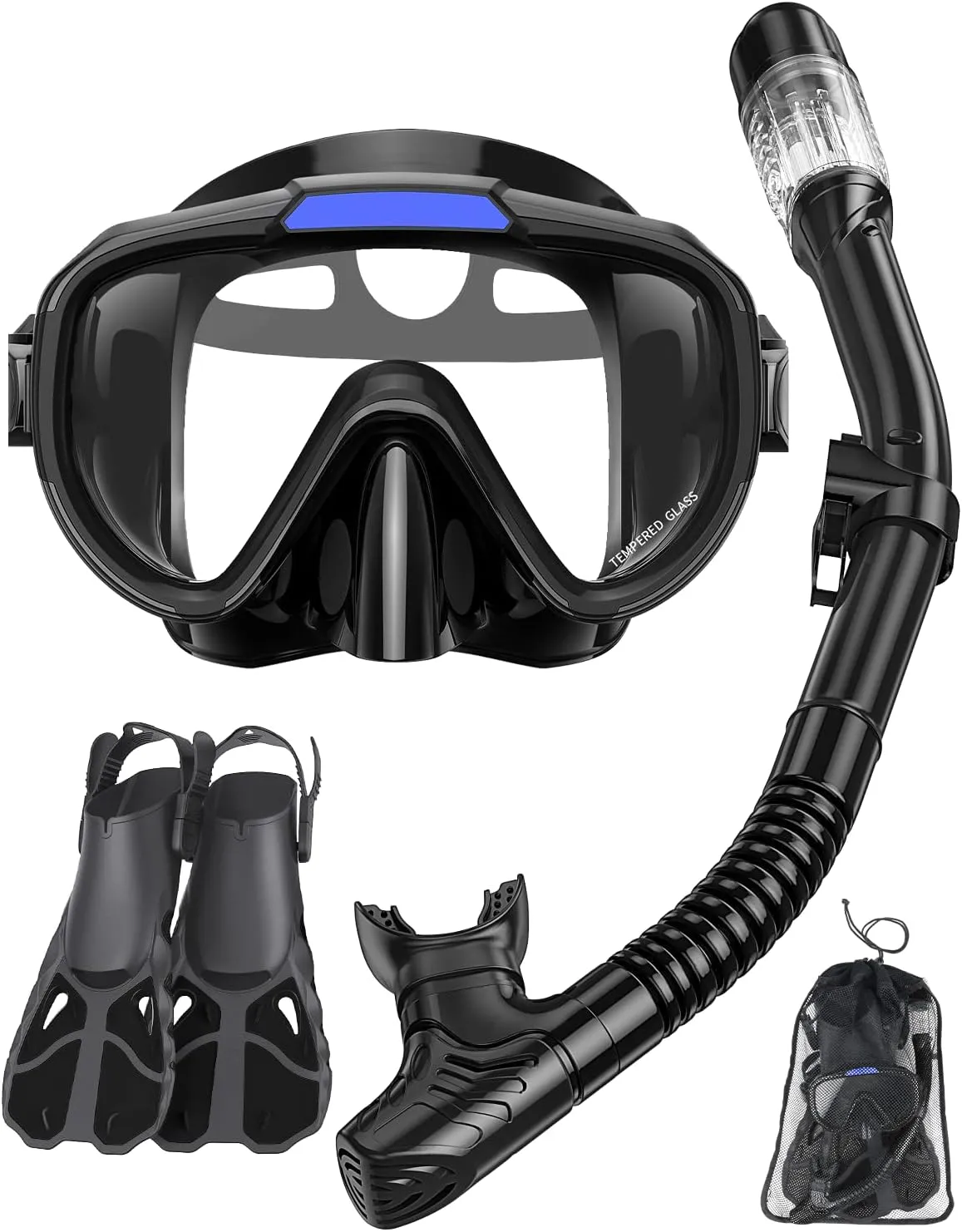 Snorkel Set with Fins for Adults, Snorkeling Gear for Adults Men and Women, Snorkle, Mask Set Adults Dry Top Snorkel Mask Combo Set with Travel Bag for Snorkeling, Diving, Swimming
