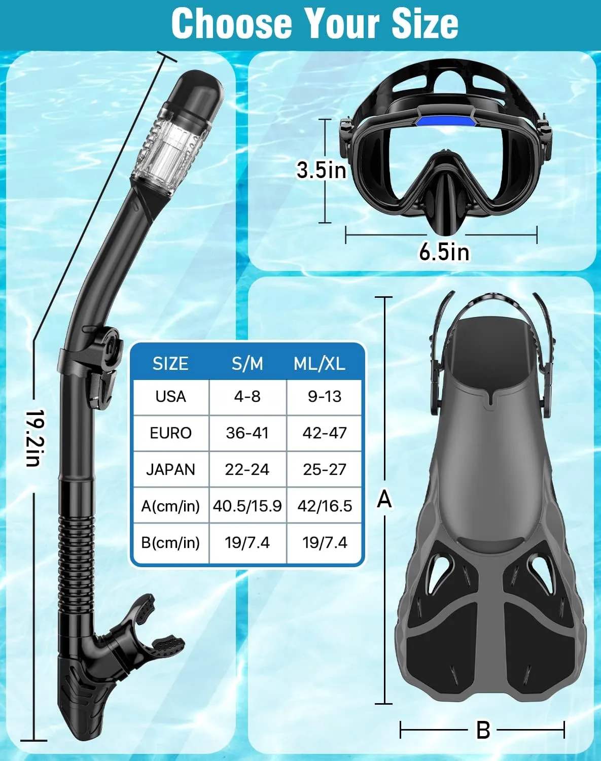 Snorkel Set with Fins for Adults, Snorkeling Gear for Adults Men and Women, Snorkle, Mask Set Adults Dry Top Snorkel Mask Combo Set with Travel Bag for Snorkeling, Diving, Swimming