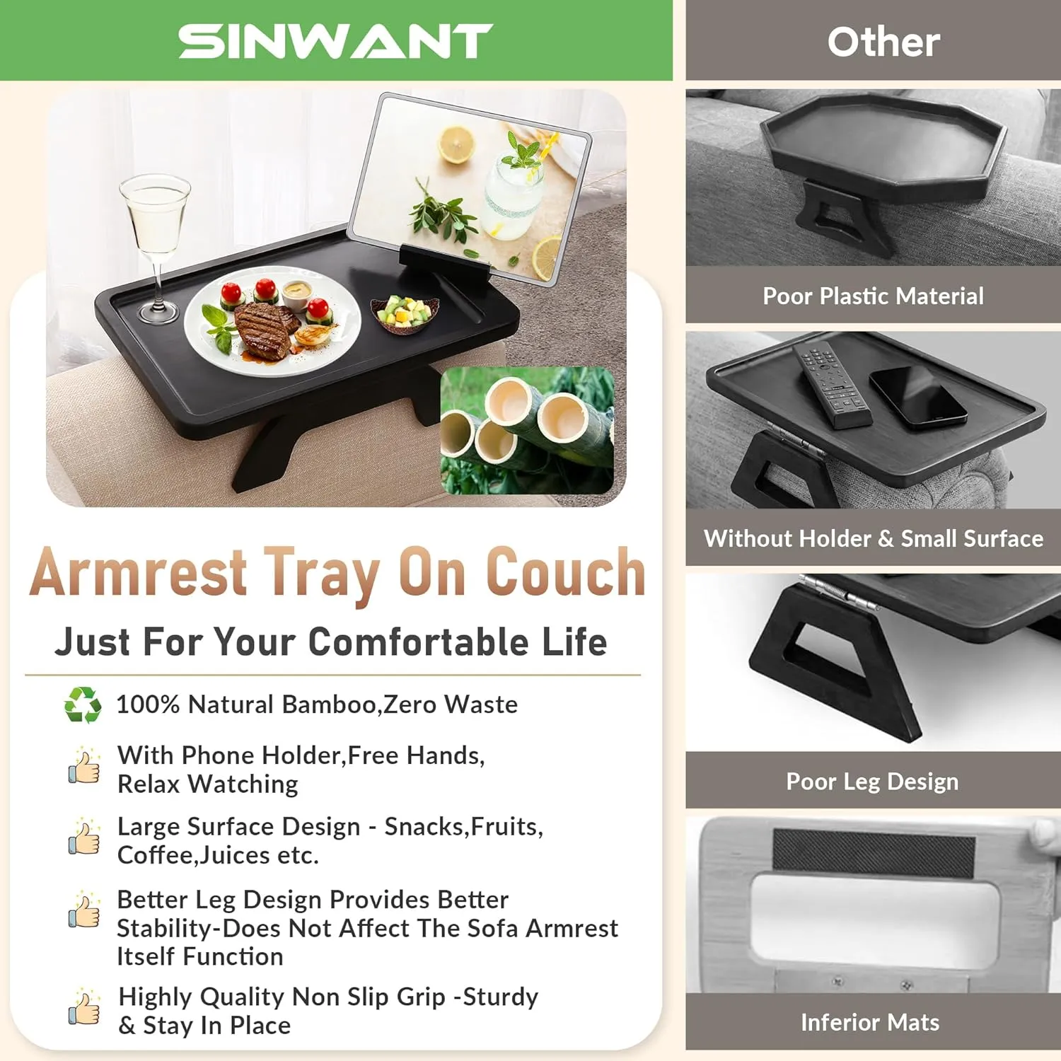 Sofa Armrest Tray,Clip On Couch Arm Table, Foldable Sofa Arm Tray with 360° Rotating Phone Holder and Stable Sofa Table for Eating and Drink, Black