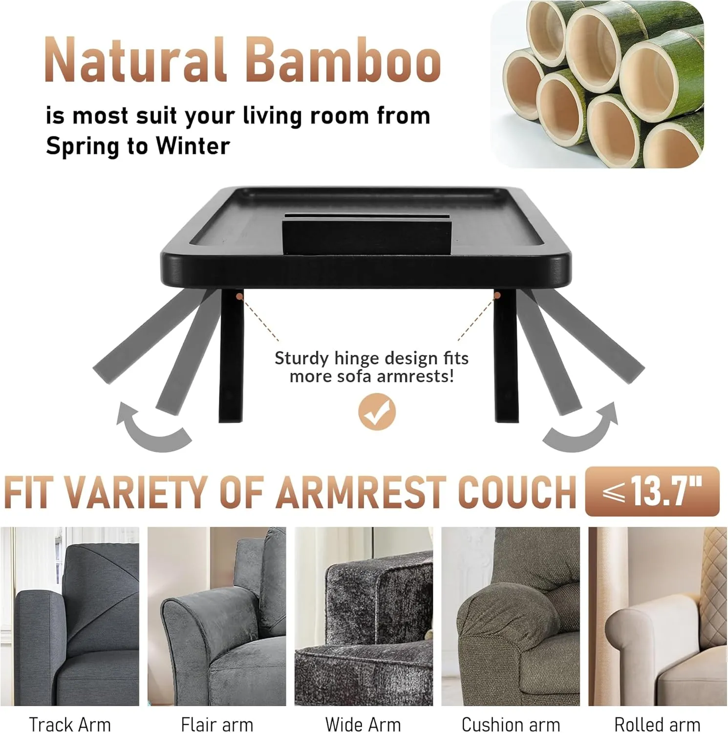 Sofa Armrest Tray,Clip On Couch Arm Table, Foldable Sofa Arm Tray with 360° Rotating Phone Holder and Stable Sofa Table for Eating and Drink, Black