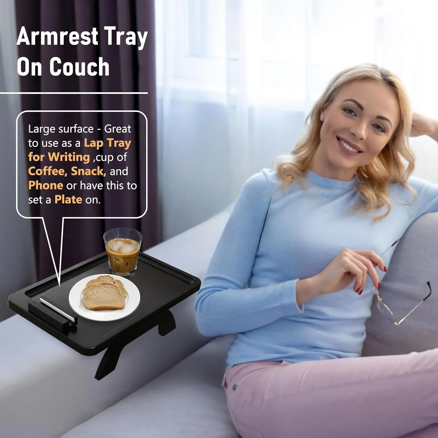 Sofa Armrest Tray,Clip On Couch Arm Table, Foldable Sofa Arm Tray with 360° Rotating Phone Holder and Stable Sofa Table for Eating and Drink, Black