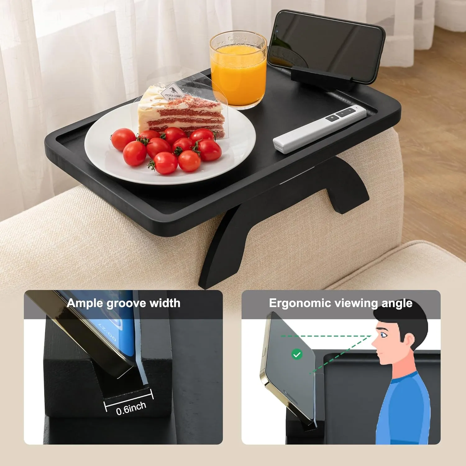 Sofa Armrest Tray,Clip On Couch Arm Table, Foldable Sofa Arm Tray with 360° Rotating Phone Holder and Stable Sofa Table for Eating and Drink, Black