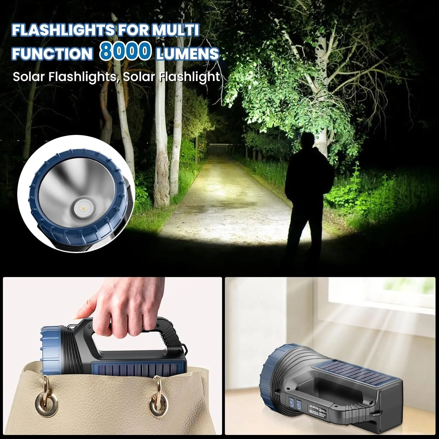 Solar Flashlights, Solar Flashlight for Multi Function 8000 Lumens Led Flashlight with Emergency Strobe Light Emergencies, Led High Lumens, USB C and Large Capacity Battery （2pcs）