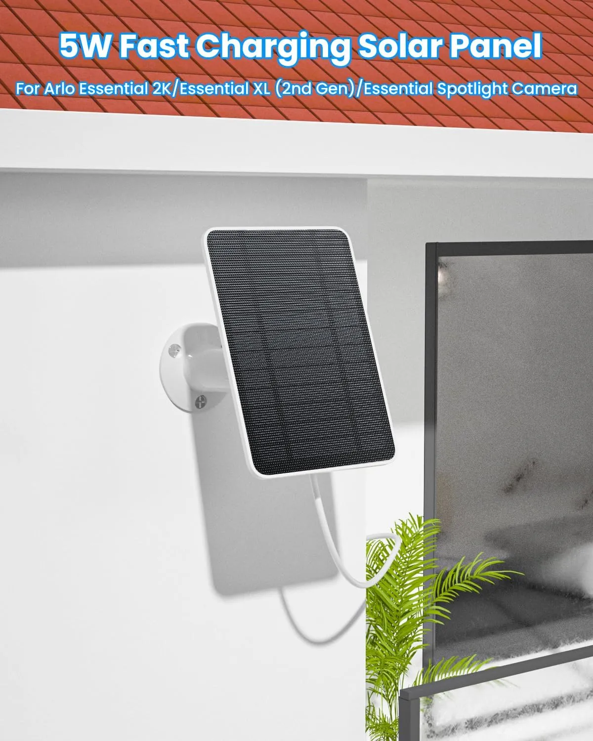 Solar Panel Charger Compatible with Arlo Essential 2K Outdoor(2nd Gen)/Essential XL Camera(2nd Gen)/Essential Spotlight, 5W Solar Panel with IP65 Waterproof 10ft Micro USB-C Cable & Wall Mount, 3 Pack